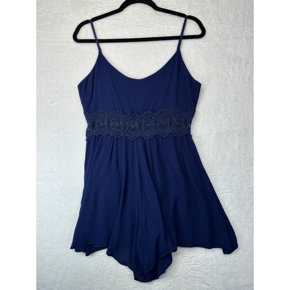Altar'd State Romper Womens Medium Navy Blue Crochet Lace Waist Crinkle